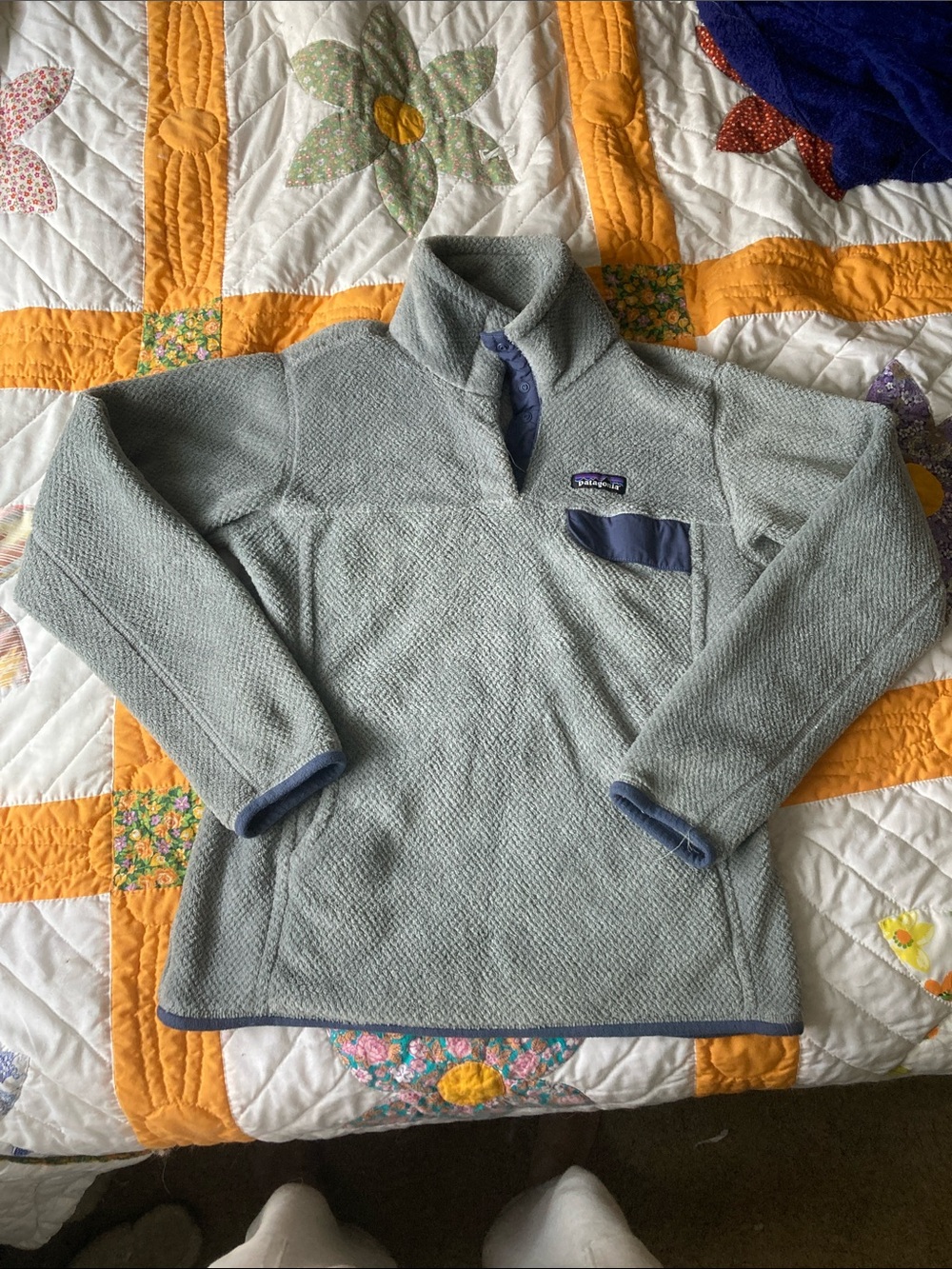 Patagonia Light Blue Textured Quarter-Zip Pullover with Navy Trim